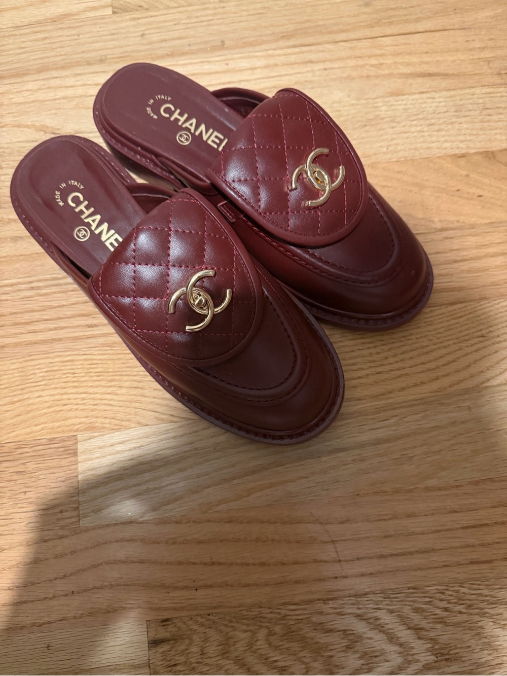 Chanel LIKE Burgundy Quilted Leather Mules with Gold CC NEW